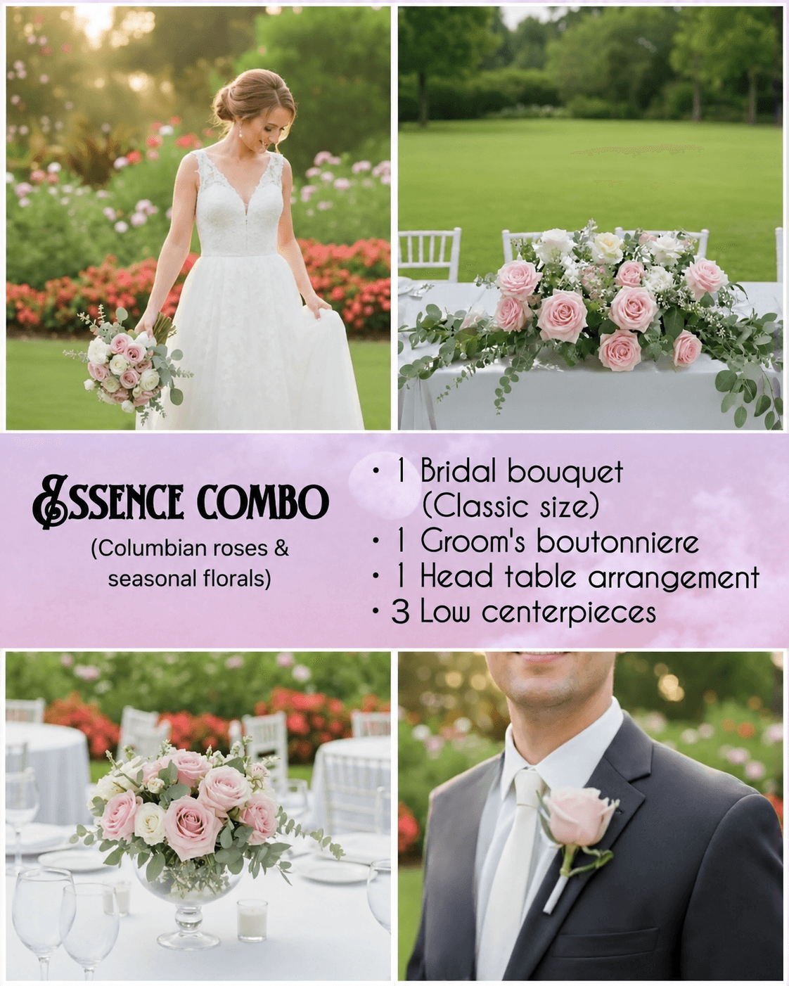 Essence package — bridal bouquet, groom's boutonnière, head table arrangement and three low centrepieces in roses and seasonal florals