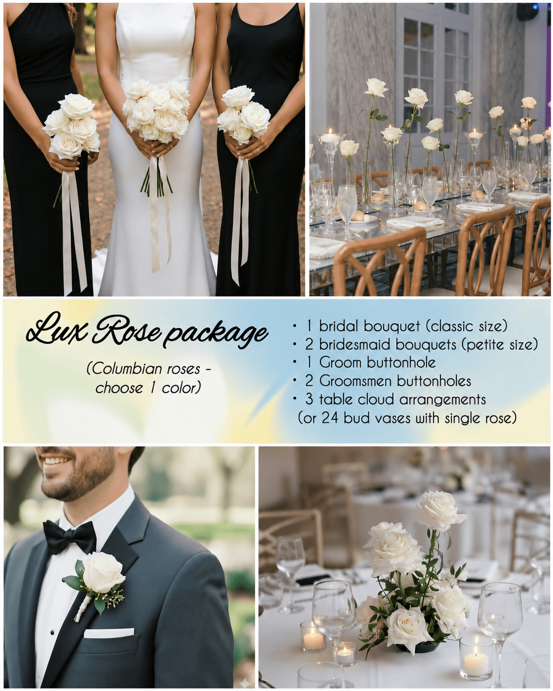 Lux Rose package — bridal and bridesmaid bouquets, buttonholes and table cloud arrangements or bud vases in a single rose colour